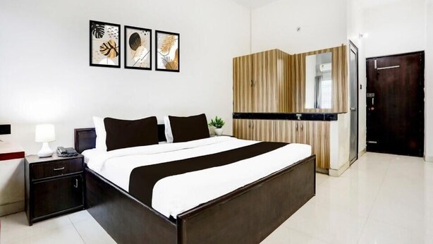 Una habitación de hotel moderna con una cama grande, una mesita de noche con lámpara, una planta pequeña y un espejo sobre la cama.