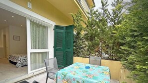 Un petit espace extérieur aménagé pour prendre les repas, avec une table et des chaises, une porte-fenêtre coulissante et une porte verte.