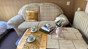 A room with a sofa, a coffee table with a vase of flowers, a remote control, and a book. - Pezion and apartman near Karlovy Vary (Chodov)