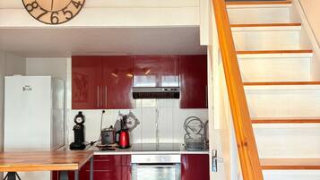 Fridge, microwave, dishwasher, coffee/tea maker