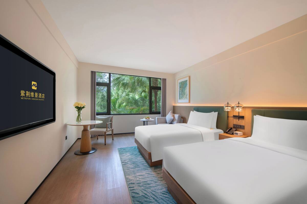 Habitación de hotel con dos camas, televisión, una mesita con un florero, una silla y ventana con vista a la vegetación.