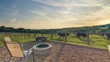 A patio with a fire pit, seating, and a view of cows in a fenced pasture.