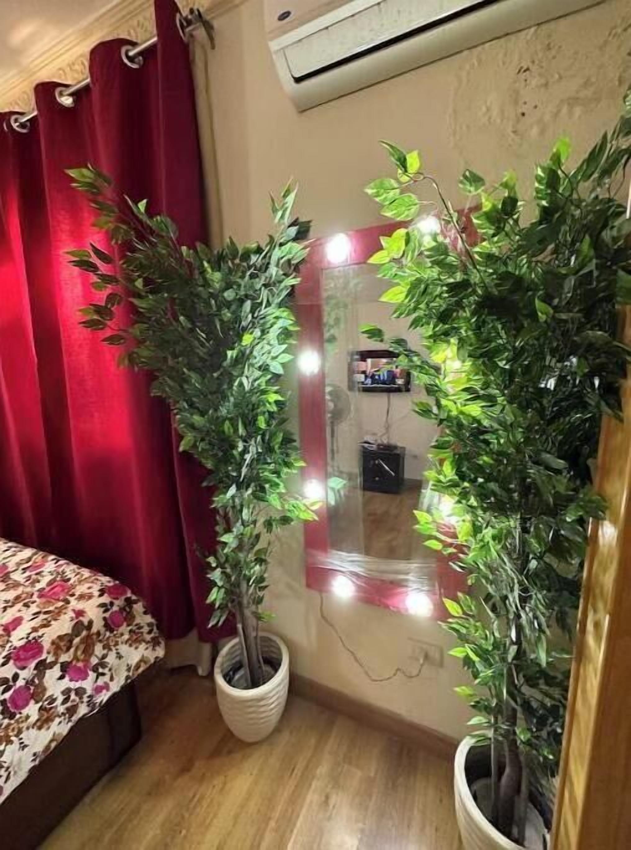 A room with a bed, red curtains, a mirror, and two potted plants.