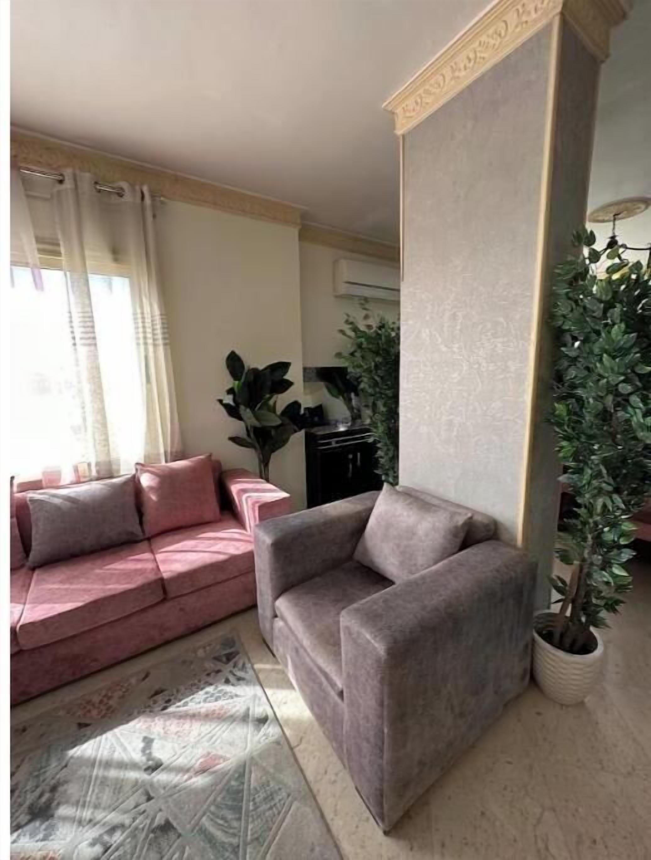 A living room with a sofa, a chair, a potted plant, and a decorative column.