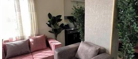 A living room with a sofa, a chair, a potted plant, and a decorative column.