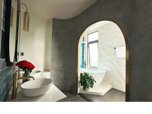 Hair dryer, bidet, towels, soap