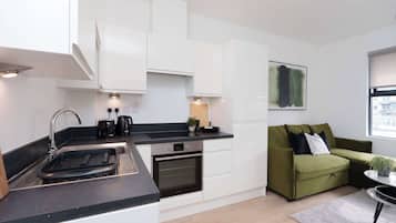 Fridge, oven, stovetop, electric kettle
