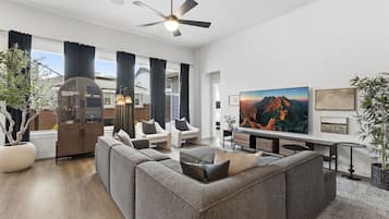 Smart TV, fireplace, books