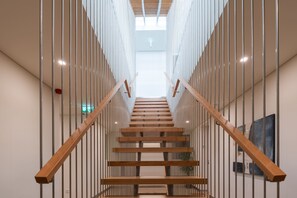 Una escalera moderna con barandillas de vidrio y pasamanos de madera, que conduce a un espacio interior luminoso.