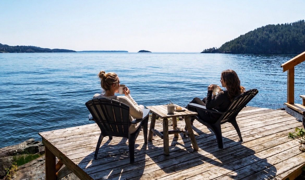 To personer sidder ved et træbord på en terrasse med udsigt over vand og fjerne kystlinjer.
