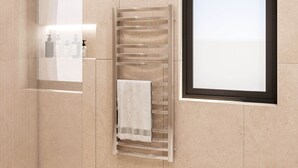 A modern bathroom with a glass shower enclosure, a towel rack with a towel, and a window. - La Reserve by Duka Winery (Ishem)