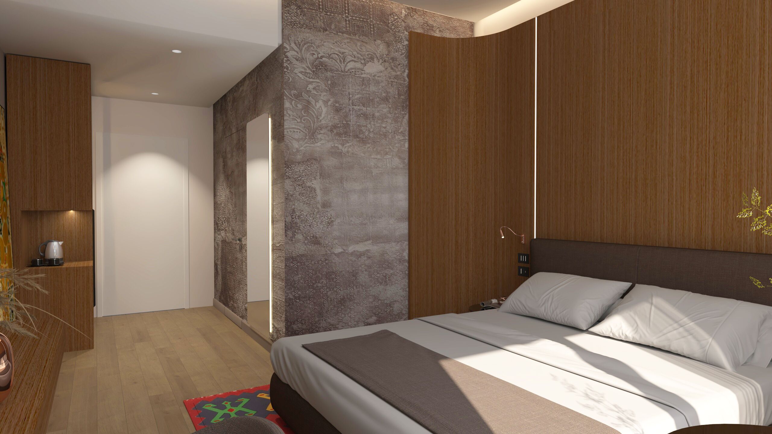 A modern bedroom with a large bed, wooden wardrobe, and a textured wall.