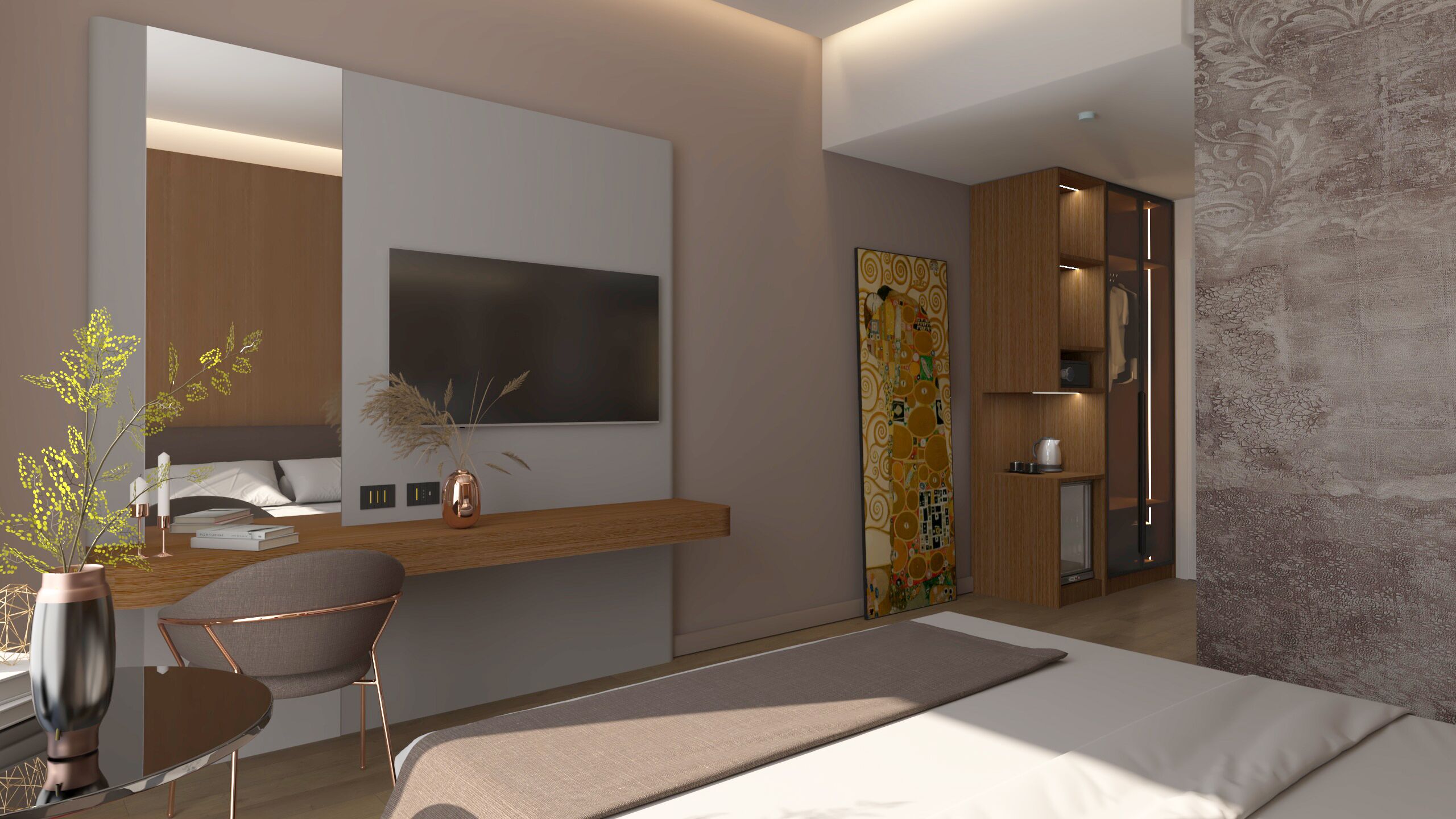 A modern hotel room with a bed, a desk, a chair, a large mirror, and a wardrobe.