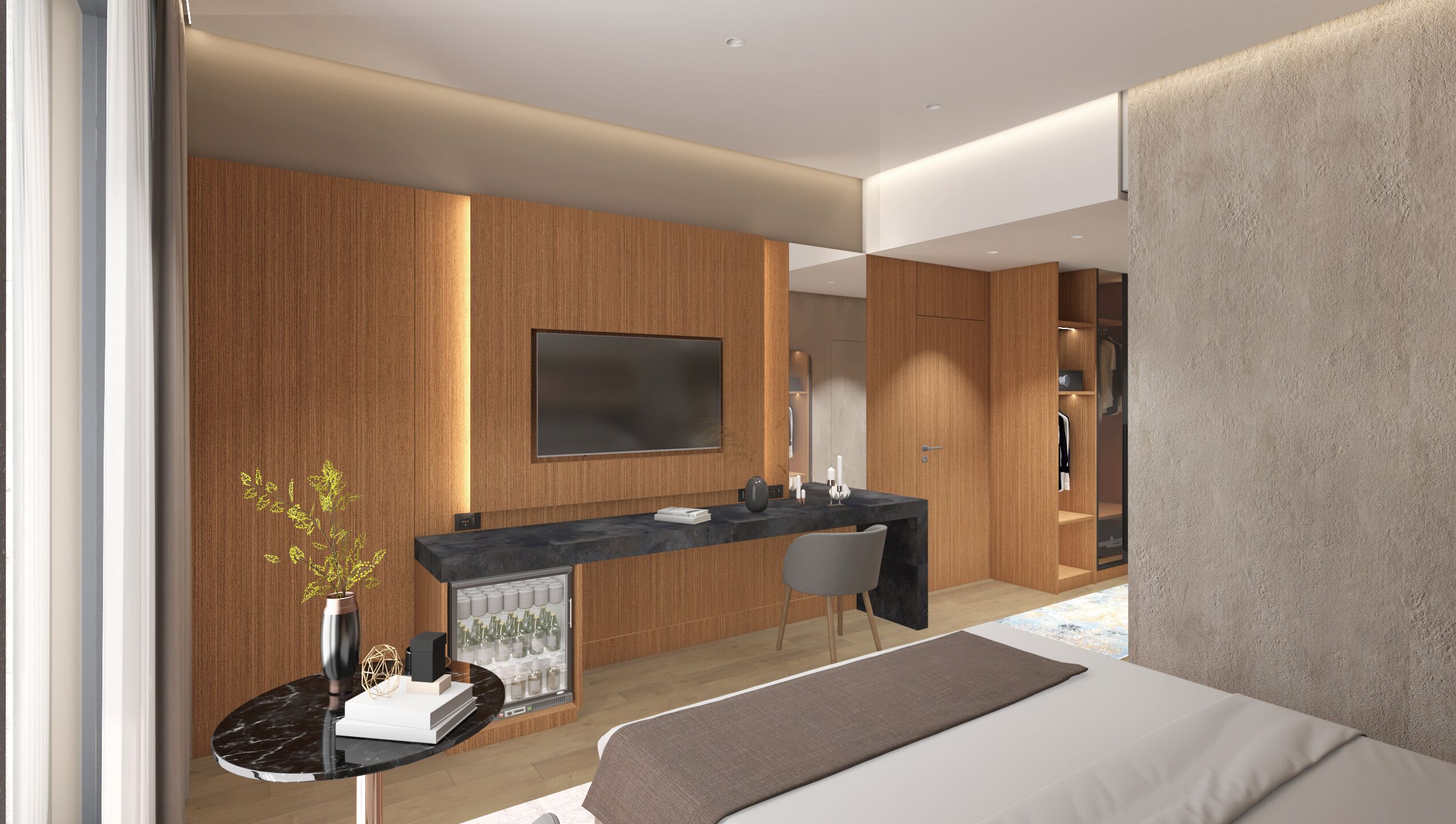 Een moderne hotelkamer met een bed, een bureau met stoel, een televisie en een kledingkast.