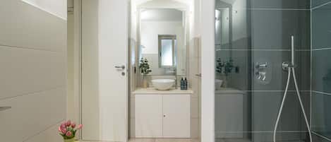 Shower, hair dryer, bidet, towels