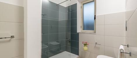 A modern bathroom with a glass shower enclosure, a toilet, and a bathtub.
