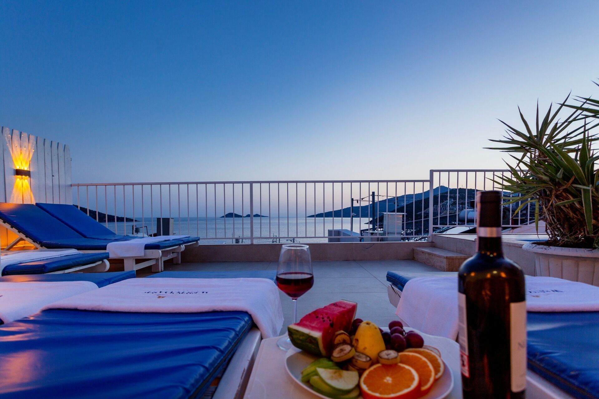 En terrasse med liggestole, et bord med frugt og vin, samt udsigt til hav og bakker.