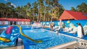 A swimming pool with a slide, lounge chairs, and a penguin mural. - Comfortable holiday home, summer pool (Leba)