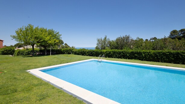 Una piscina rectangular con borde blanco, rodeada por un césped cuidado y un seto.