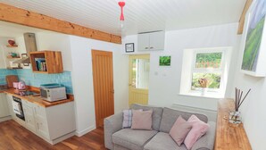 A compact living space with a kitchenette, a grey sofa, wooden flooring, a wooden ceiling, and a window with a view. - Artists Cottage (Turraheen Lower)