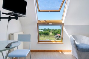 Une pièce dotée d’une lucarne, d’un téléviseur, d’une chaise, d’une table et offrant une vue sur un paysage rural.