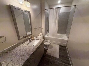 Hair dryer, towels, soap, toilet paper