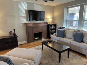 Smart TV, chimenea, libros y biblioteca musical 