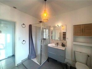 Hair dryer, towels, soap, toilet paper