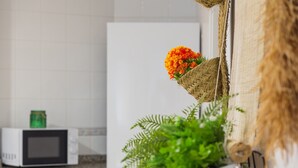A kitchen with a microwave, a hanging basket with flowers, and a potted plant. - Holiday Home 'Villa Miramar Beach' with Mountain View, Wi-Fi and Air Conditioning (Miramar)
