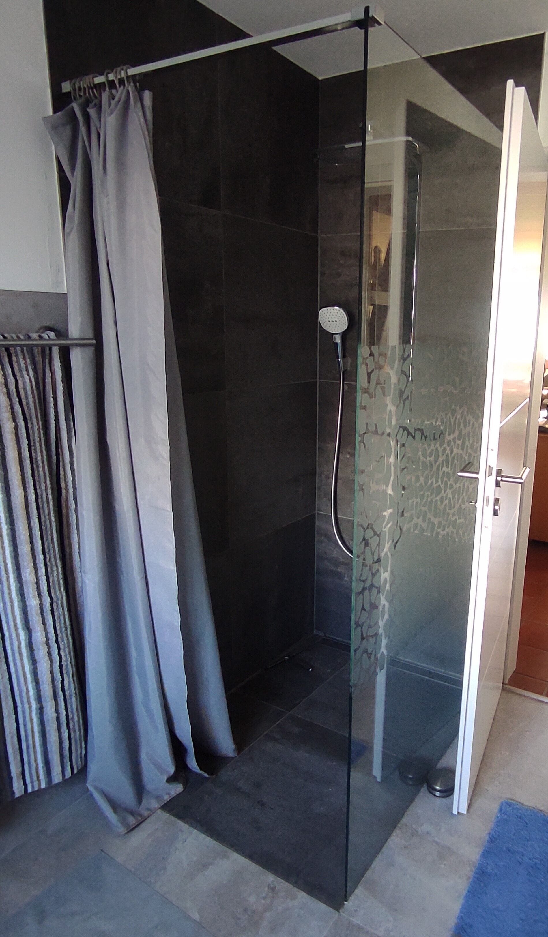 Shower, hair dryer, towels, toilet paper