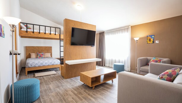 Una habitación moderna con una cama individual superpuesta, un televisor de pantalla plana, un sofá y una mesa de centro.