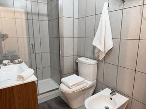 Regadera, secadora de cabello, bidet, toallas 