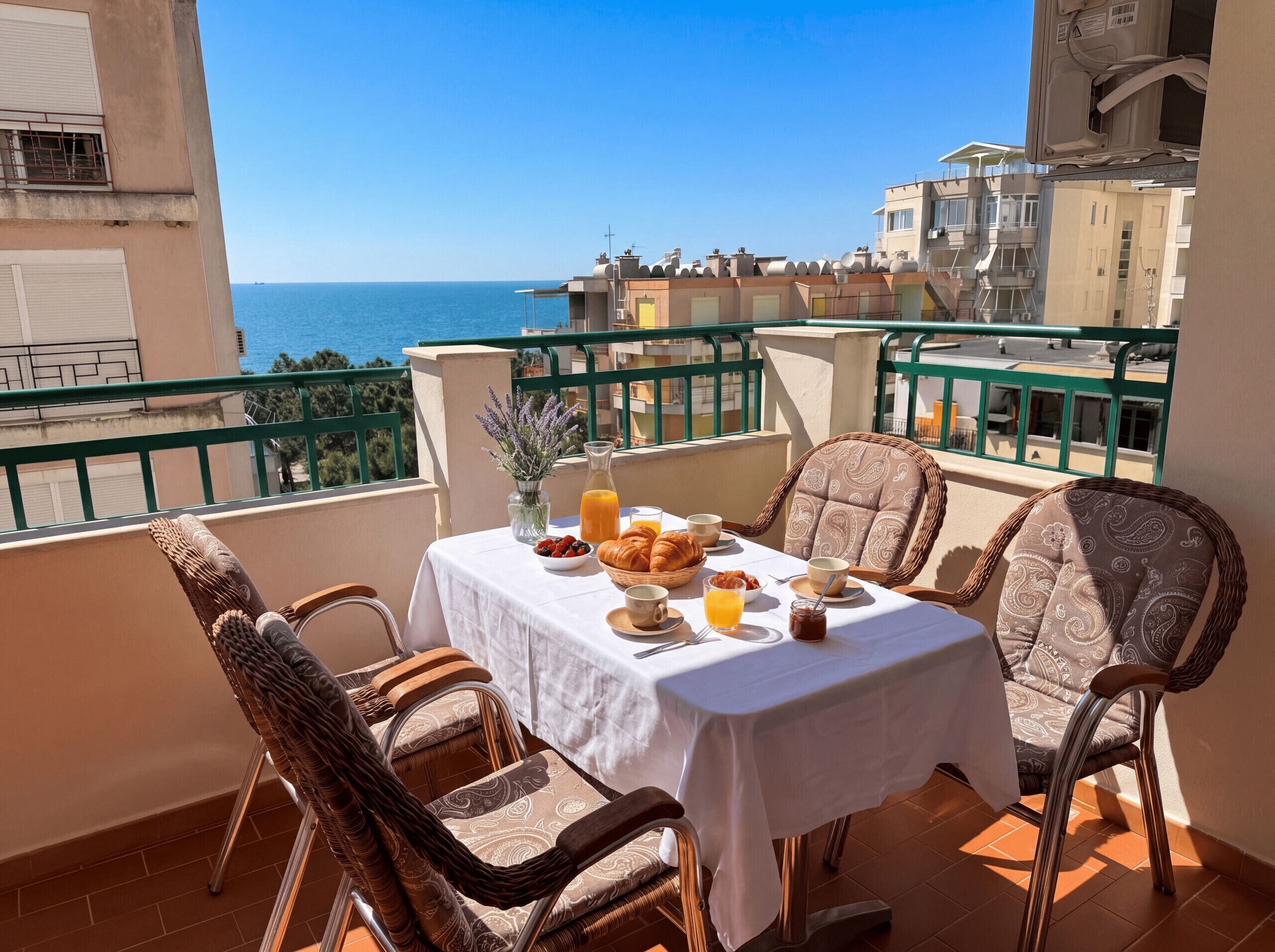Un balcón con una mesa dispuesta para el desayuno, sillas de mimbre y vista al mar.
