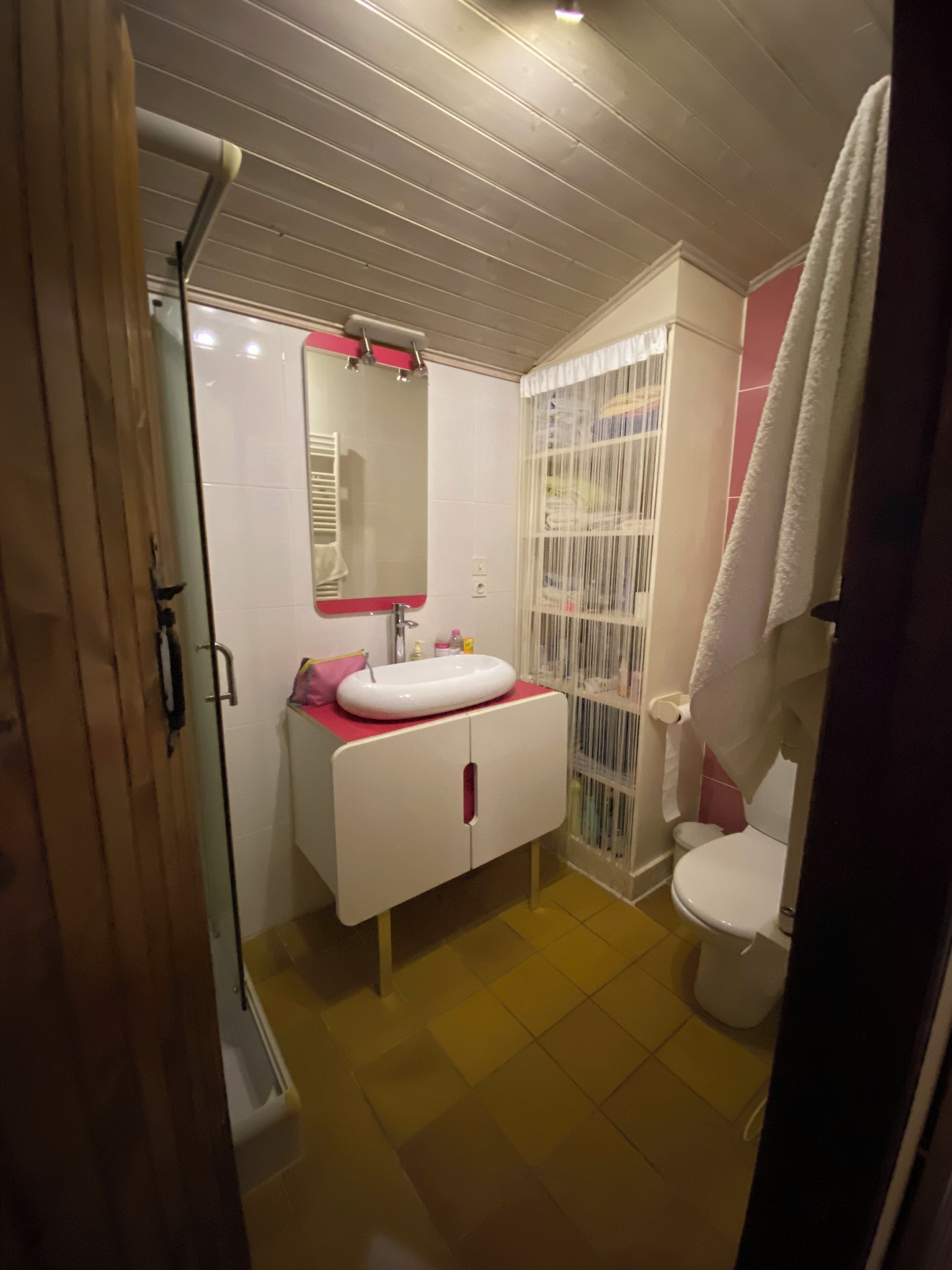 Douche, séchoir à cheveux, serviettes fournies, savon