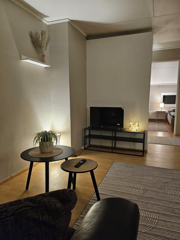 A living room with a sofa, a small table with a plant, a TV on a stand, and a lamp.