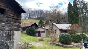 Un rustico chalet con un camino in pietra, circondato da un prato curato e alberi fitti.