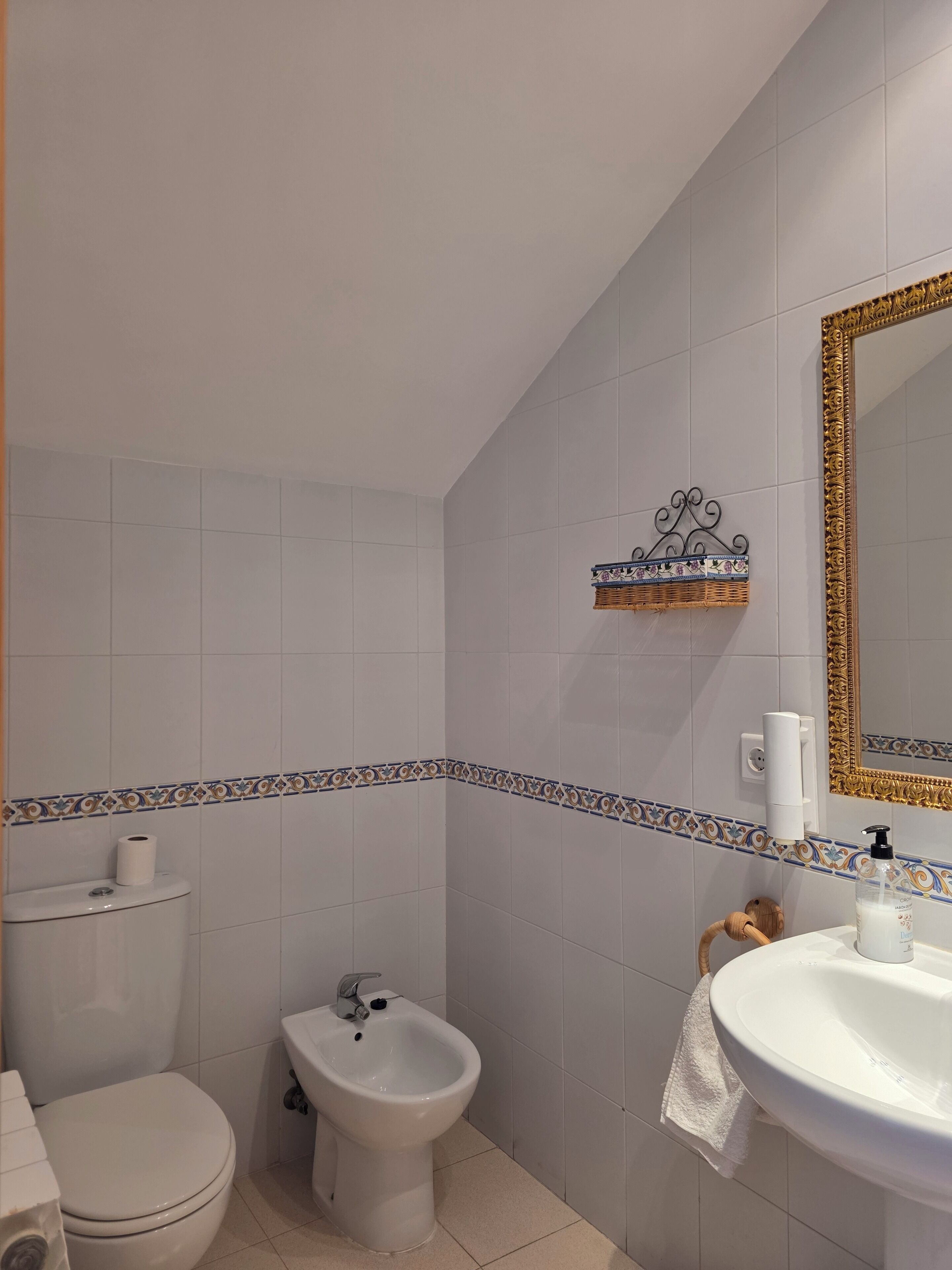Ein Badezimmer mit Toilette, Bidet, Waschbecken, Spiegel und dekorativen Fliesen.