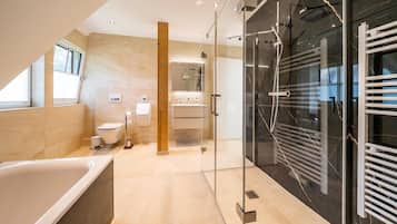 Shower, hair dryer, towels