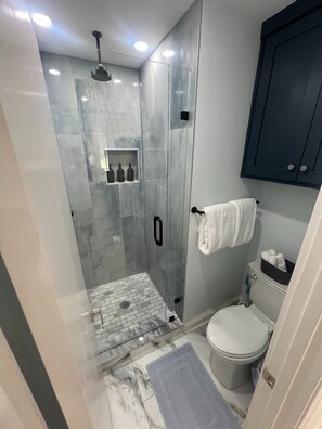 Shower, hair dryer, towels, toilet paper