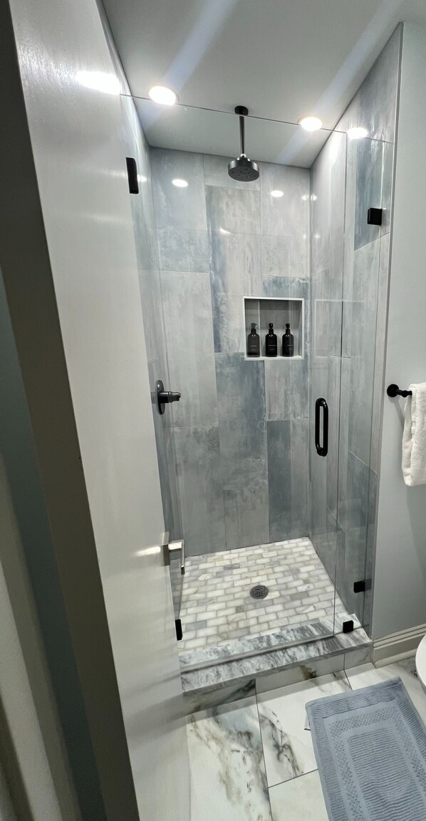 Shower, hair dryer, towels, toilet paper
