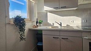 Une cuisine avec une fenêtre, un évier, des placards et une plante.