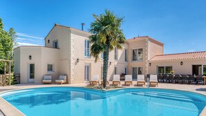 A pool area with lounge chairs and a palm tree.