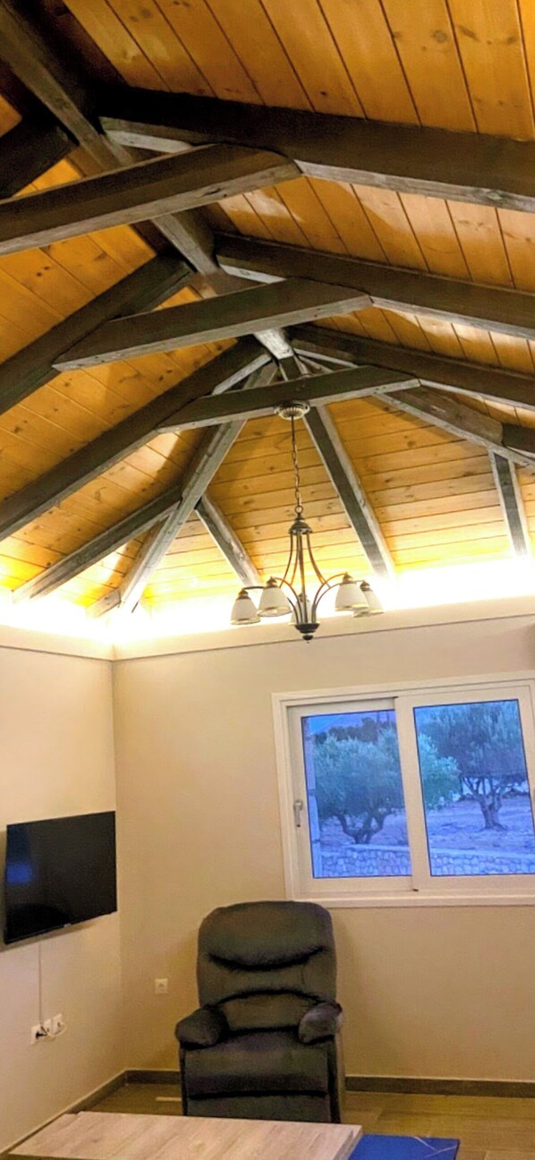 Una habitación con techo de madera inclinado, ventilador de techo, televisor montado en la pared, ventana con vista a árboles y una silla.