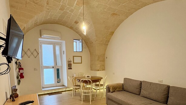 Una sala de estar con techo de piedra, un sofá, un televisor, una mesa de comedor con sillas y una chimenea.