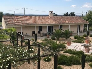 A building with a tiled roof, a garden with potted plants, and a gravel pathway. - Quinta Nova – Charming Guest House – Arrábida (Azeitão)