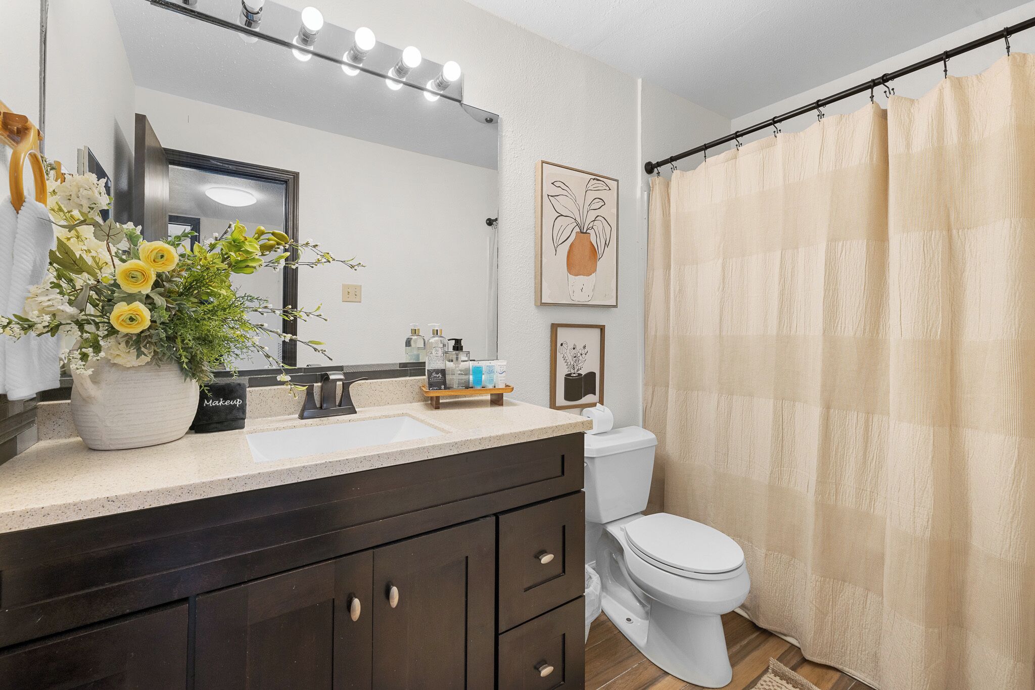 Hair dryer, towels, soap, shampoo