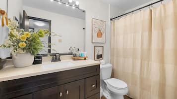 Hair dryer, towels, soap, shampoo