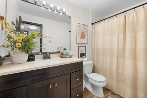 Secador de cabelo, toalhas de banho, sabonete, shampoo