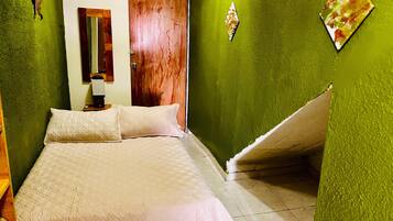 A bedroom with a bed, a wooden door, a mirror, and a green wall.
