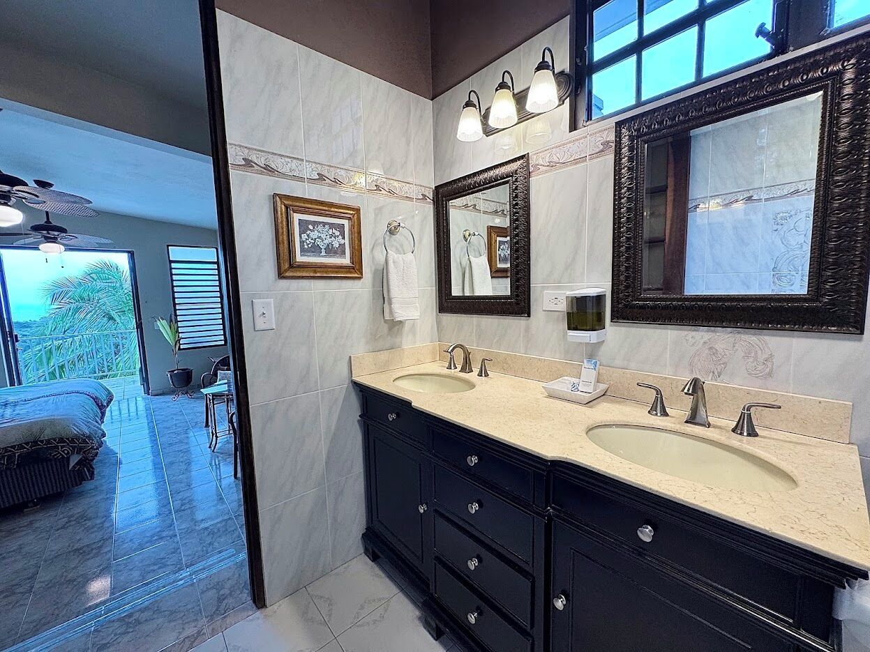A bathroom with two sinks, dark cabinets, and a large mirror.